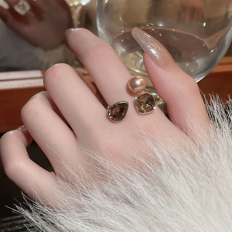 Rhinestone Faux Pearl Layered Open Ring