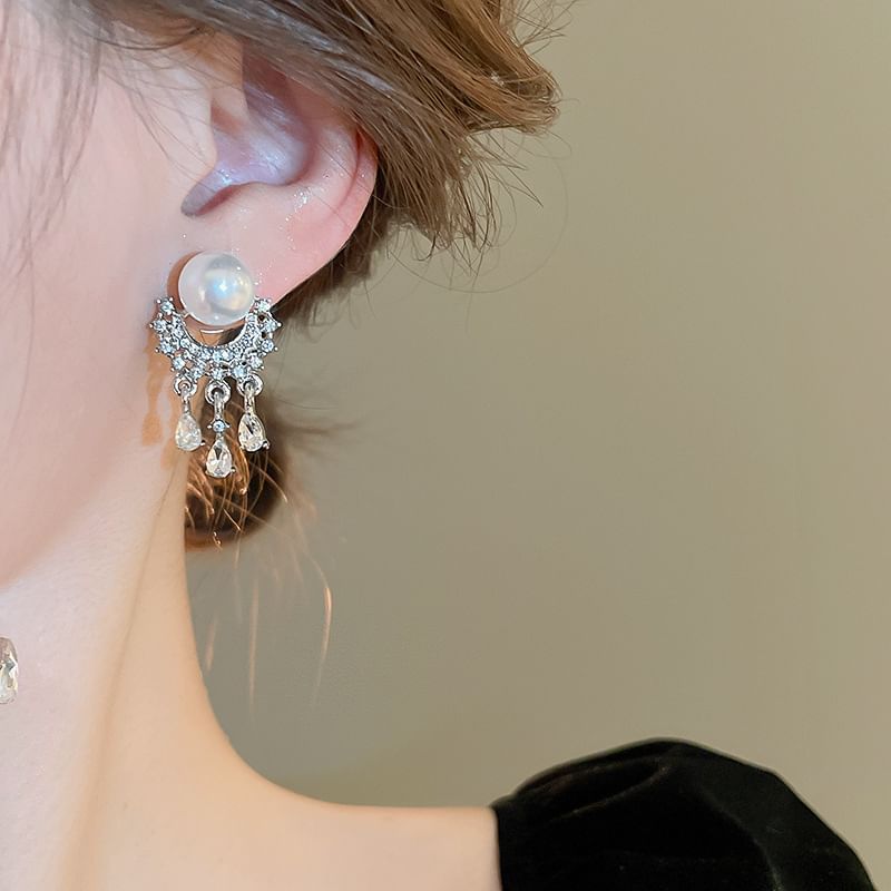 Faux Pearl Rhinestone Fringed Drop Earring