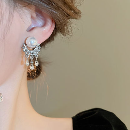 Faux Pearl Rhinestone Fringed Drop Earring