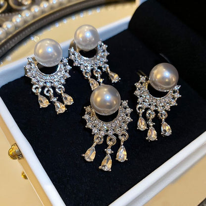 Faux Pearl Rhinestone Fringed Drop Earring