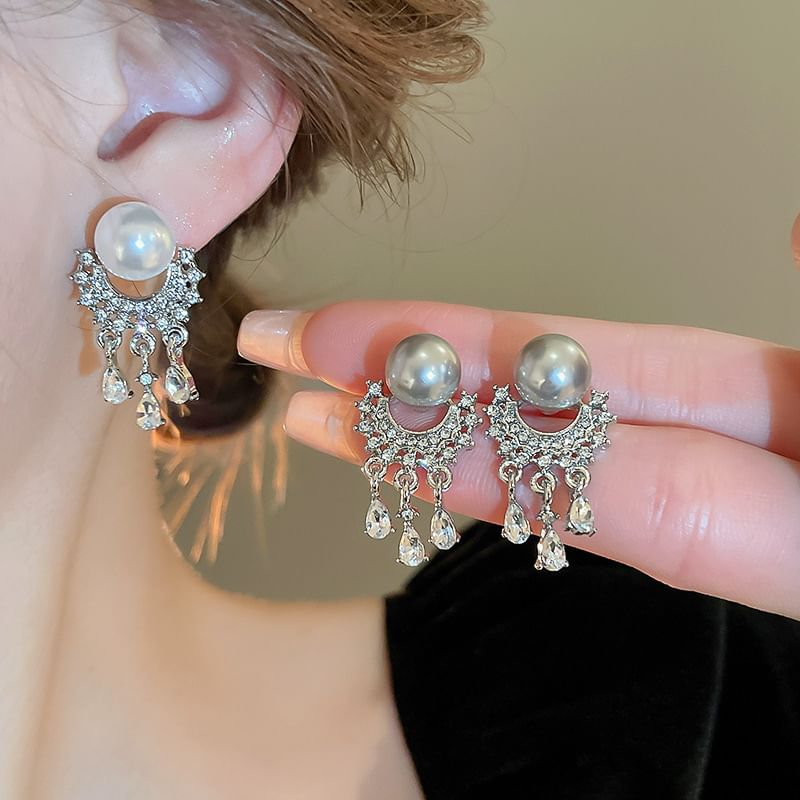 Faux Pearl Rhinestone Fringed Drop Earring