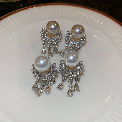 Faux Pearl Rhinestone Fringed Drop Earring