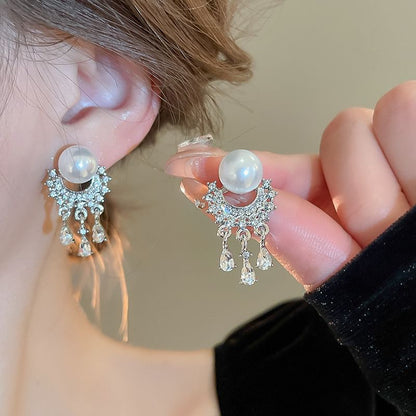Faux Pearl Rhinestone Fringed Drop Earring