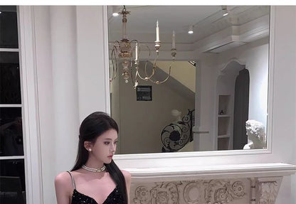 V-Neck Strap Gown Sequin Spaghetti Evening Mermaid