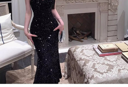 V-Neck Strap Gown Sequin Spaghetti Evening Mermaid