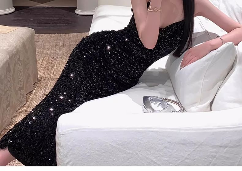 V-Neck Strap Gown Sequin Spaghetti Evening Mermaid