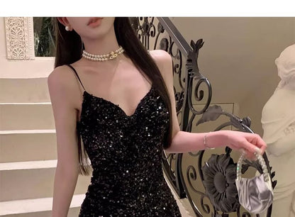 V-Neck Strap Gown Sequin Spaghetti Evening Mermaid