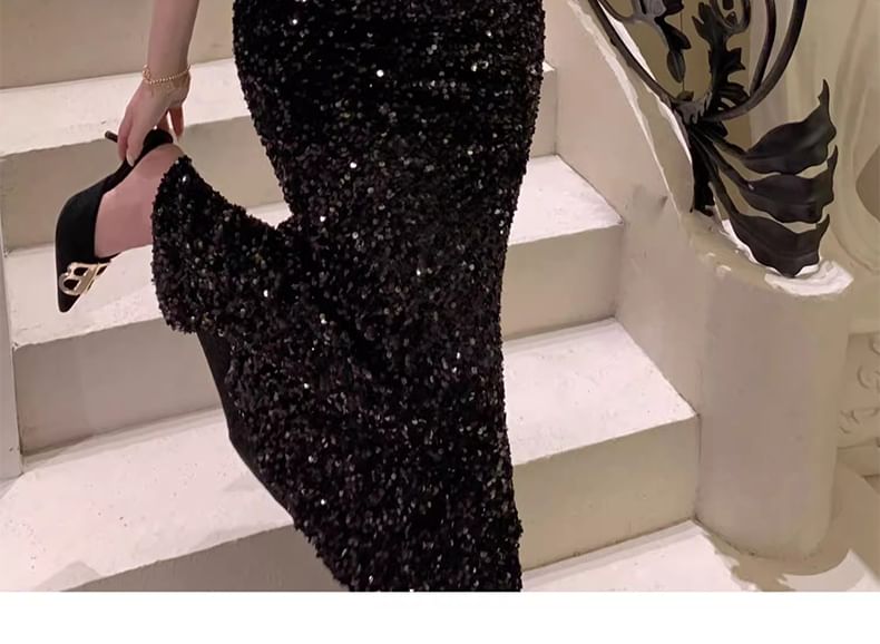 V-Neck Strap Gown Sequin Spaghetti Evening Mermaid