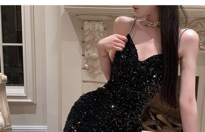 V-Neck Strap Gown Sequin Spaghetti Evening Mermaid