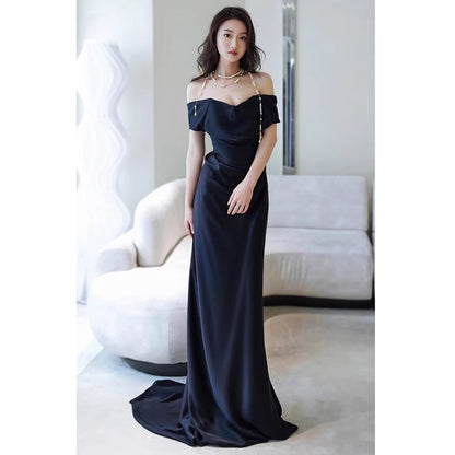 Off-Shoulder Plain Ruched Trained Mermaid Evening Gown