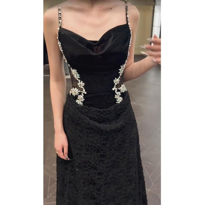 Spaghetti Strap Cowl Neck Lace Panel Rhinestone Accent A-Line Evening Gown