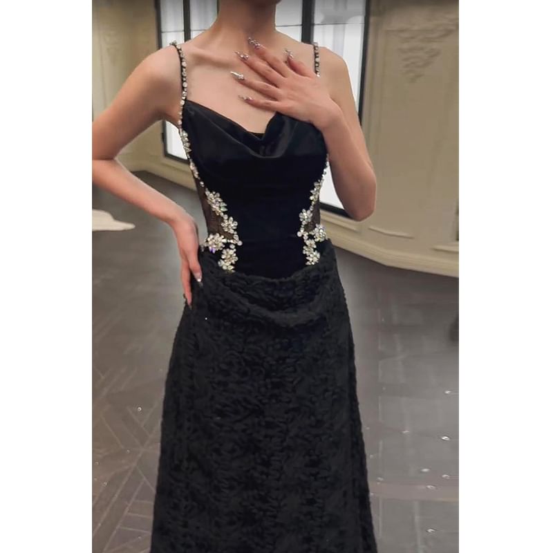 Panel Gown A-Line Lace Cowl Strap Neck Accent Evening Rhinestone Spaghetti