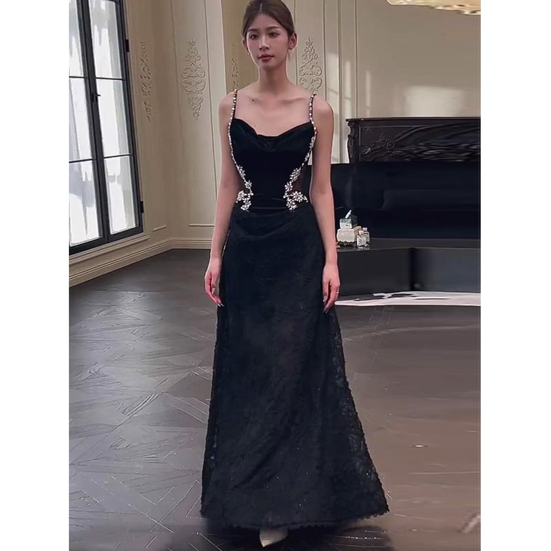 Panel Gown A-Line Lace Cowl Strap Neck Accent Evening Rhinestone Spaghetti