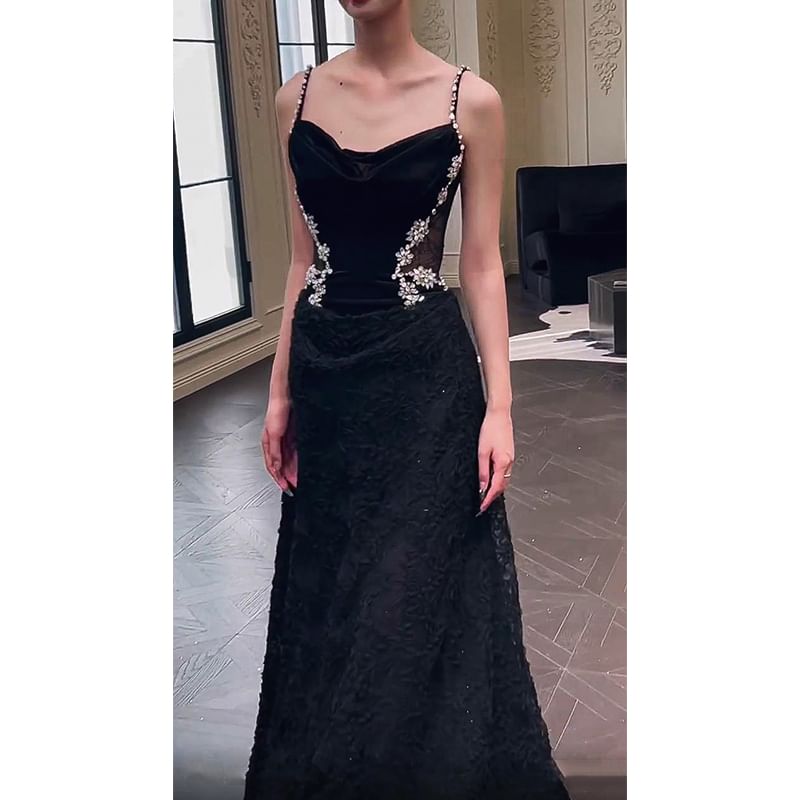 Spaghetti Strap Cowl Neck Lace Panel Rhinestone Accent A-Line Evening Gown