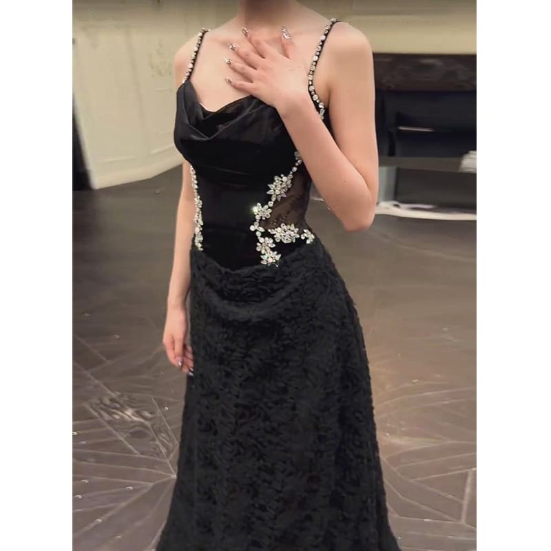 Panel Gown A-Line Lace Cowl Strap Neck Accent Evening Rhinestone Spaghetti