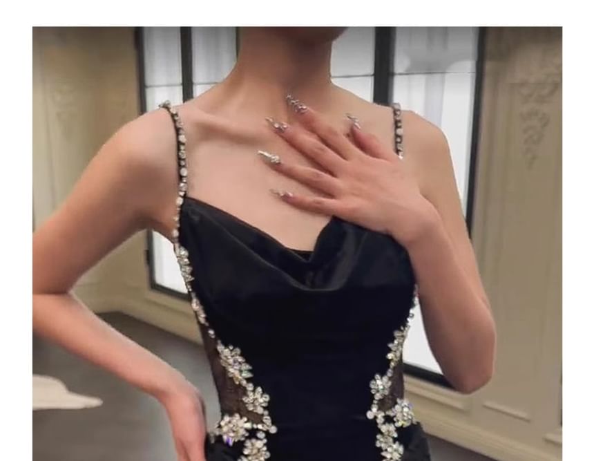 Spaghetti Strap Cowl Neck Lace Panel Rhinestone Accent A-Line Evening Gown