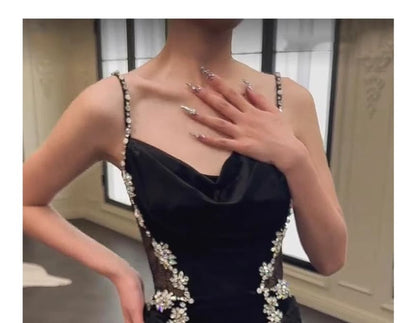 Spaghetti Strap Cowl Neck Lace Panel Rhinestone Accent A-Line Evening Gown