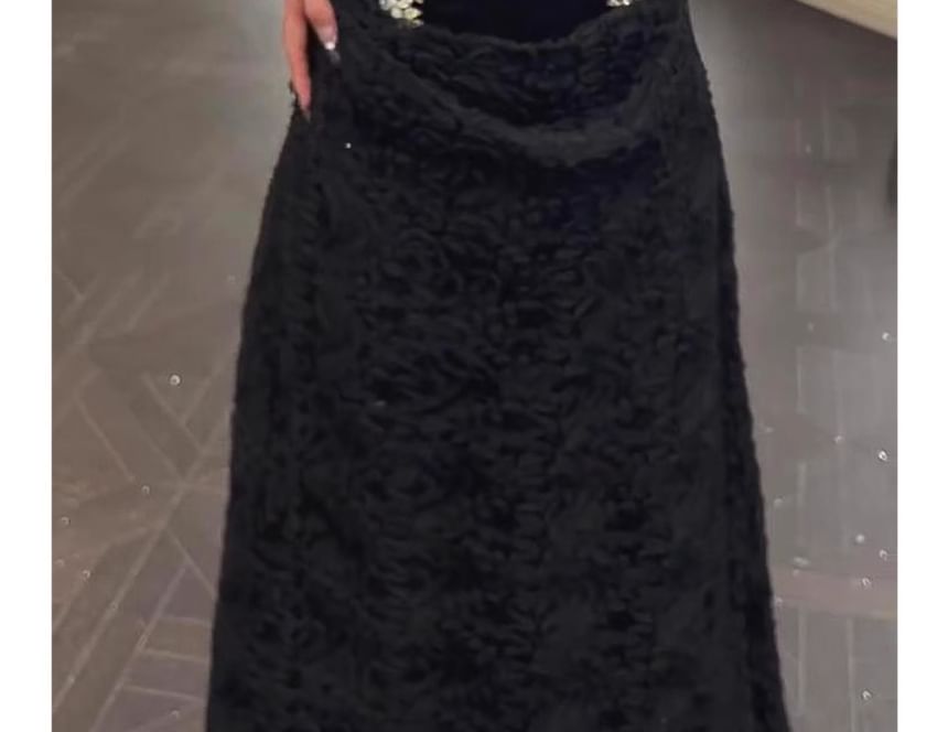 Spaghetti Strap Cowl Neck Lace Panel Rhinestone Accent A-Line Evening Gown