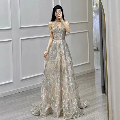 Fringed Halter Evening A-Line Sequin V-Neck Gown Shoulder Cold