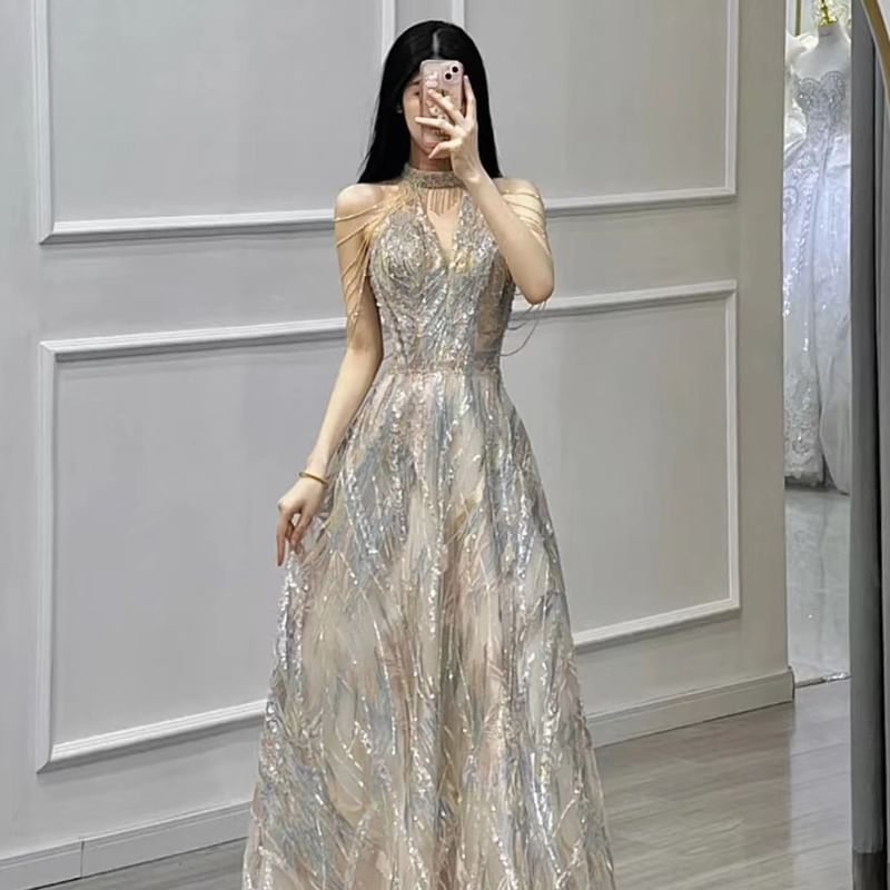 Halter V-Neck Cold Shoulder Sequin Fringed A-Line Evening Gown