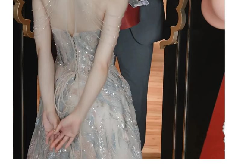 Fringed Halter Evening A-Line Sequin V-Neck Gown Shoulder Cold