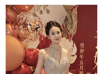 Fringed Halter Evening A-Line Sequin V-Neck Gown Shoulder Cold