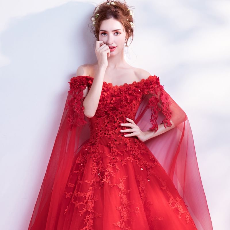 Off-Shoulder Floral A-Line Evening Gown