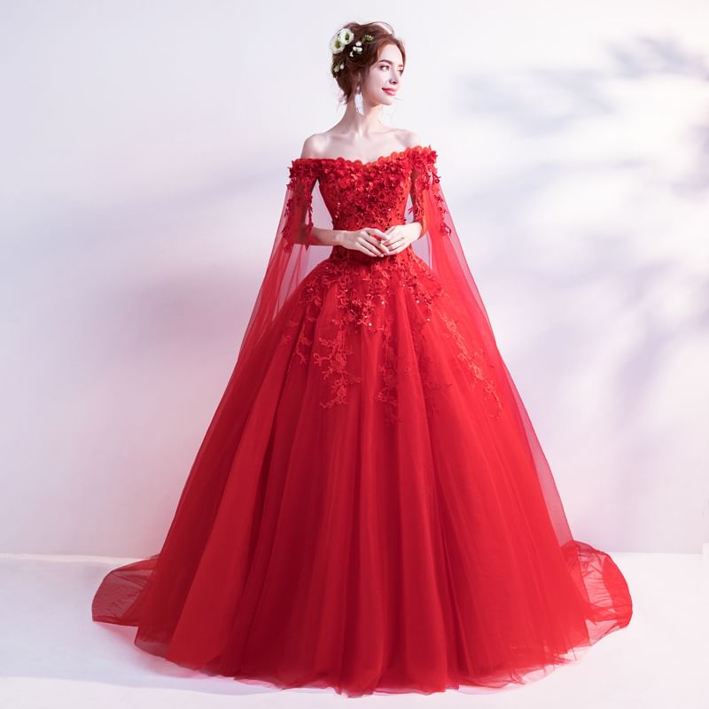Off-Shoulder Floral A-Line Evening Gown