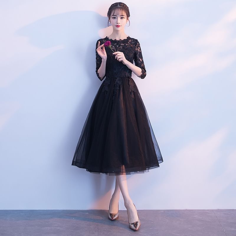 Elbow-Sleeve Lace Panel A-Line Cocktail Dress (Various Designs)