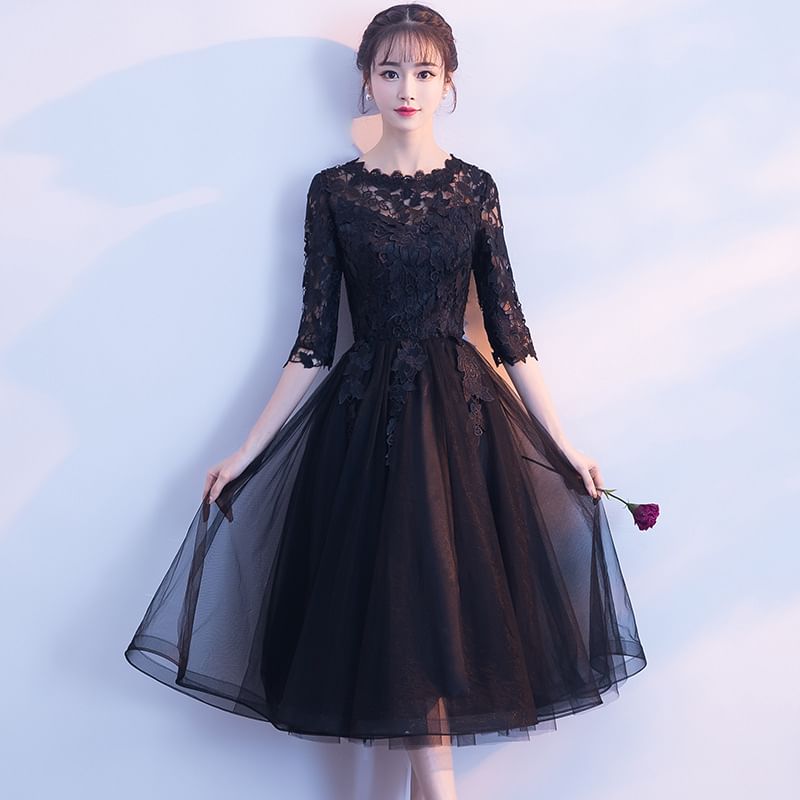 Elbow-Sleeve Lace Panel A-Line Cocktail Dress (Various Designs)