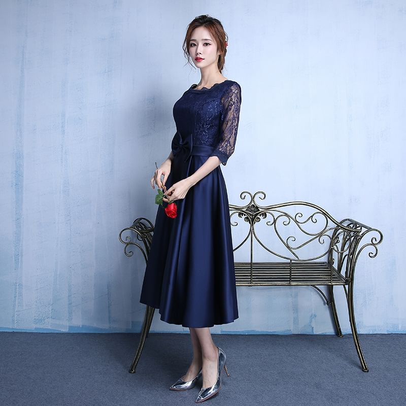 Elbow-Sleeve Lace Panel Bow A-Line Cocktail Dress (Various Designs)