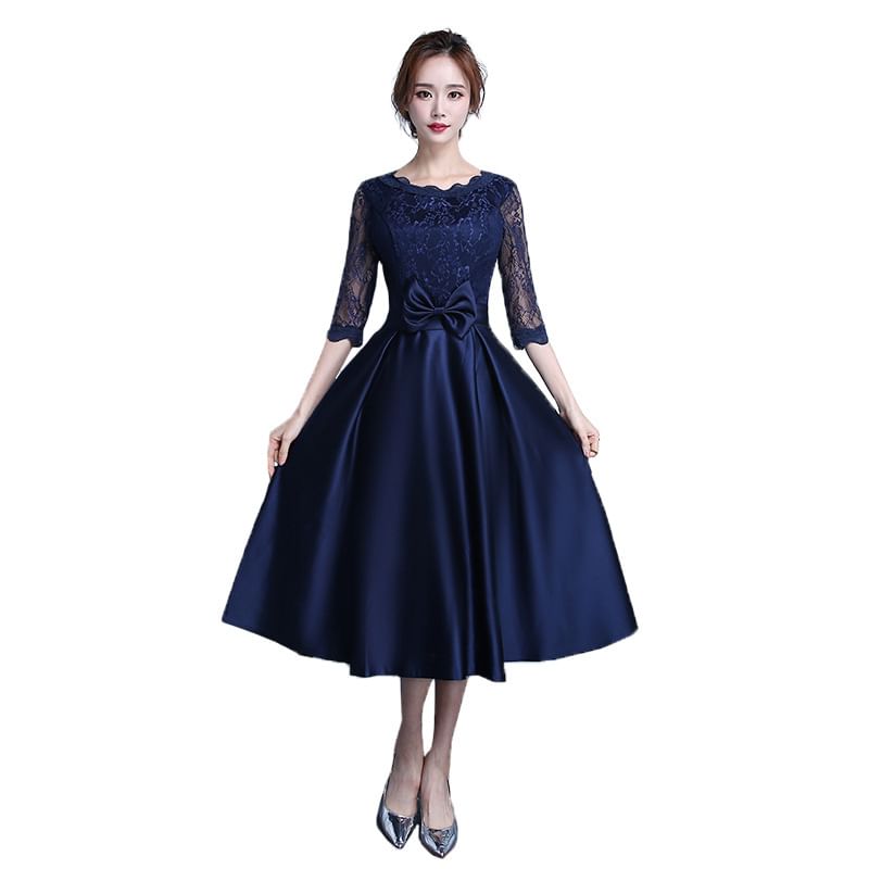 Elbow-Sleeve Lace Panel Bow A-Line Cocktail Dress (Various Designs)