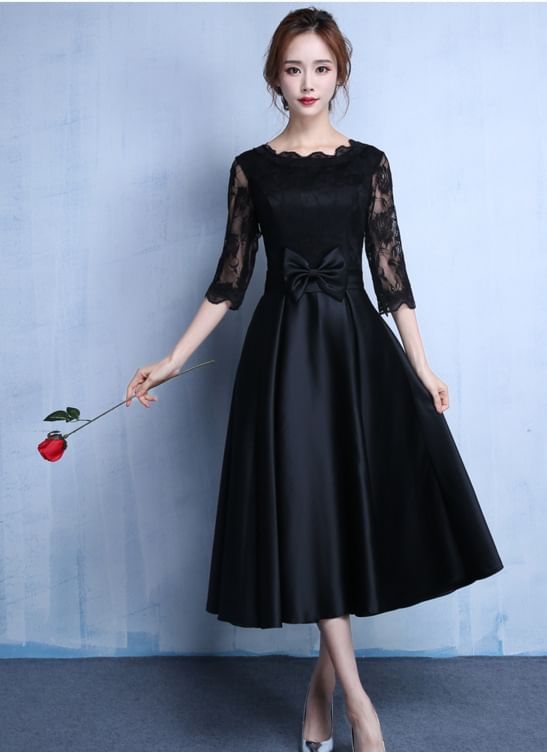 Elbow-Sleeve Lace Panel Bow A-Line Cocktail Dress (Various Designs)