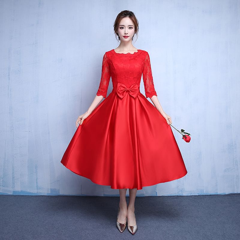 Elbow-Sleeve Lace Panel Bow A-Line Cocktail Dress (Various Designs)
