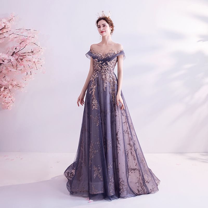 Short-Sleeve Rhinestone Floral A-Line Evening Gown