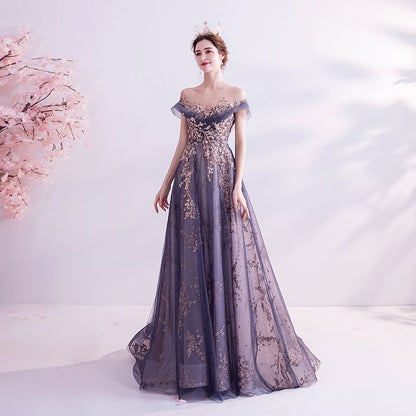 Short-Sleeve Rhinestone Floral A-Line Evening Gown