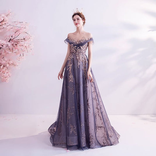 Short-Sleeve Rhinestone Floral A-Line Evening Gown