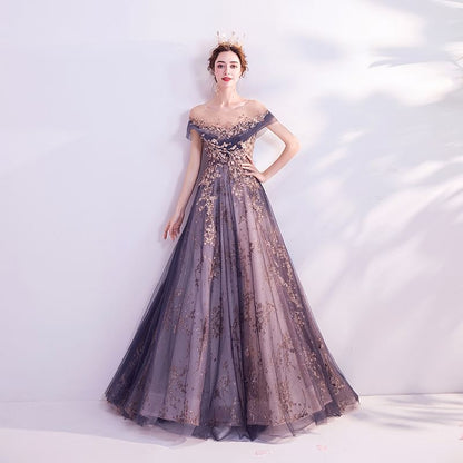 Short-Sleeve Rhinestone Floral A-Line Evening Gown