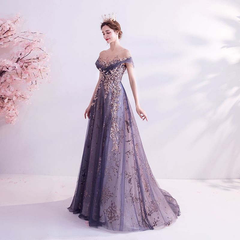 Short-Sleeve Rhinestone Floral A-Line Evening Gown