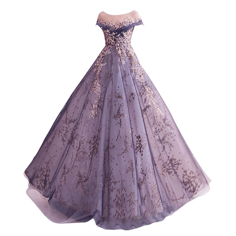 Short-Sleeve Rhinestone Floral A-Line Evening Gown