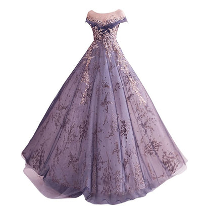 Short-Sleeve Rhinestone Floral A-Line Evening Gown