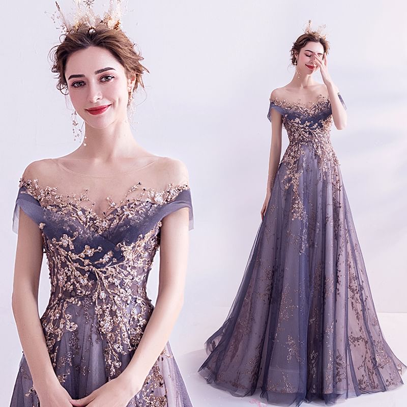 Short-Sleeve Rhinestone Floral A-Line Evening Gown