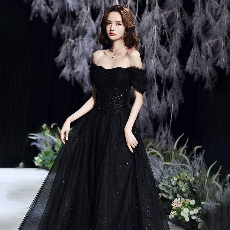 A-Line Glitter Evening Gown Short-Sleeve Square-Neck