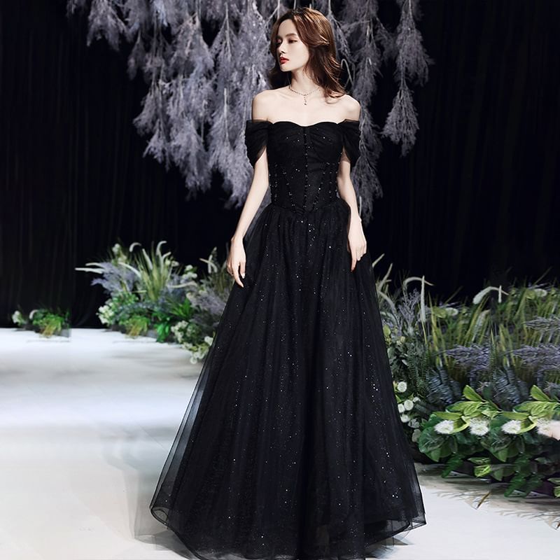 A-Line Glitter Evening Gown Short-Sleeve Square-Neck