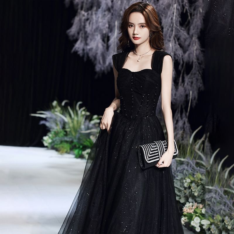 A-Line Glitter Evening Gown Short-Sleeve Square-Neck