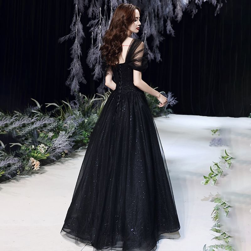 A-Line Glitter Evening Gown Short-Sleeve Square-Neck