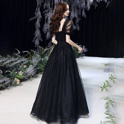 Short-Sleeve Square-Neck Glitter A-Line Evening Gown