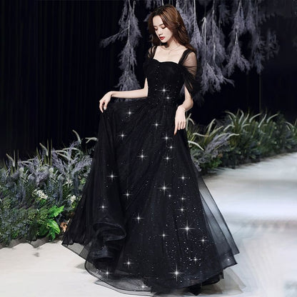 Short-Sleeve Square-Neck Glitter A-Line Evening Gown