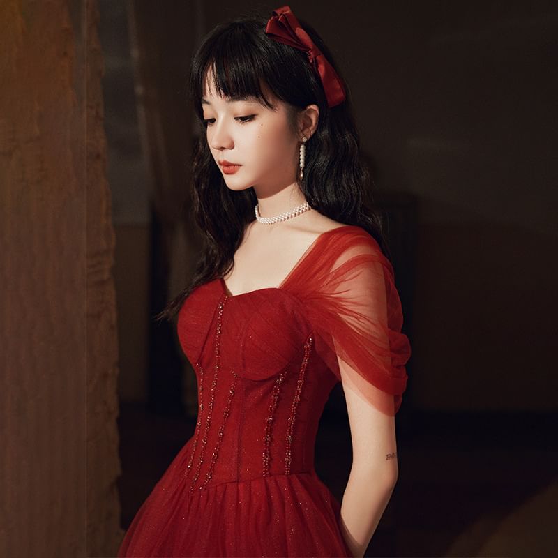 A-Line Glitter Evening Gown Short-Sleeve Square-Neck