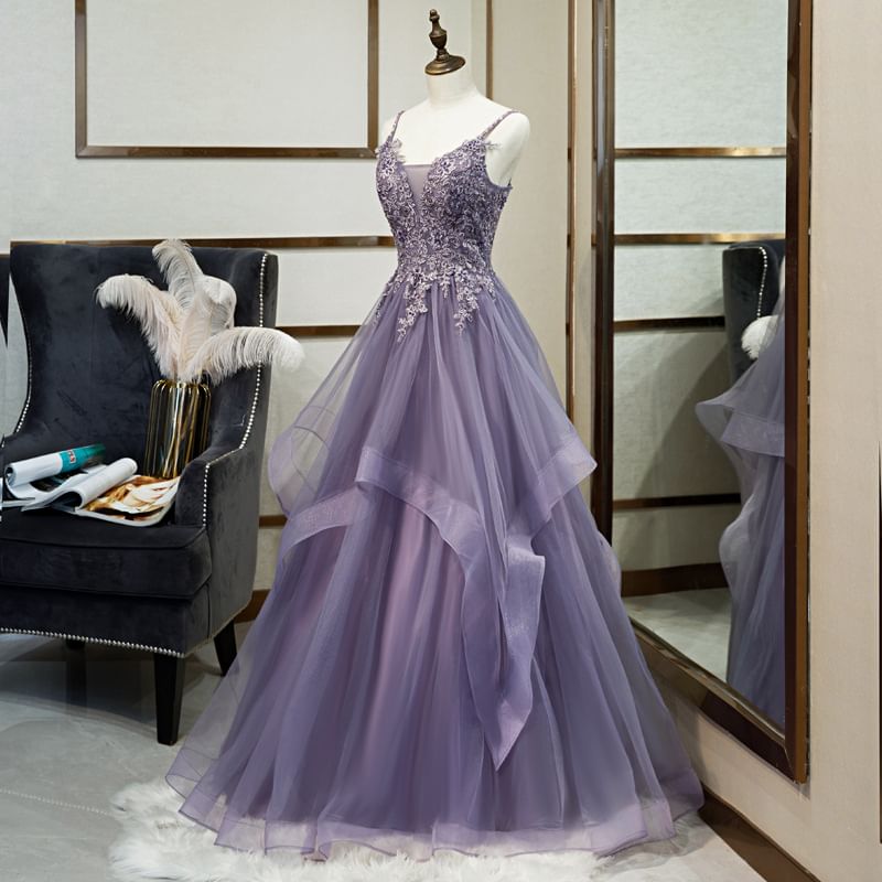 Thin Strap Lace Panel Ruffled A-Line Mesh Evening Gown
